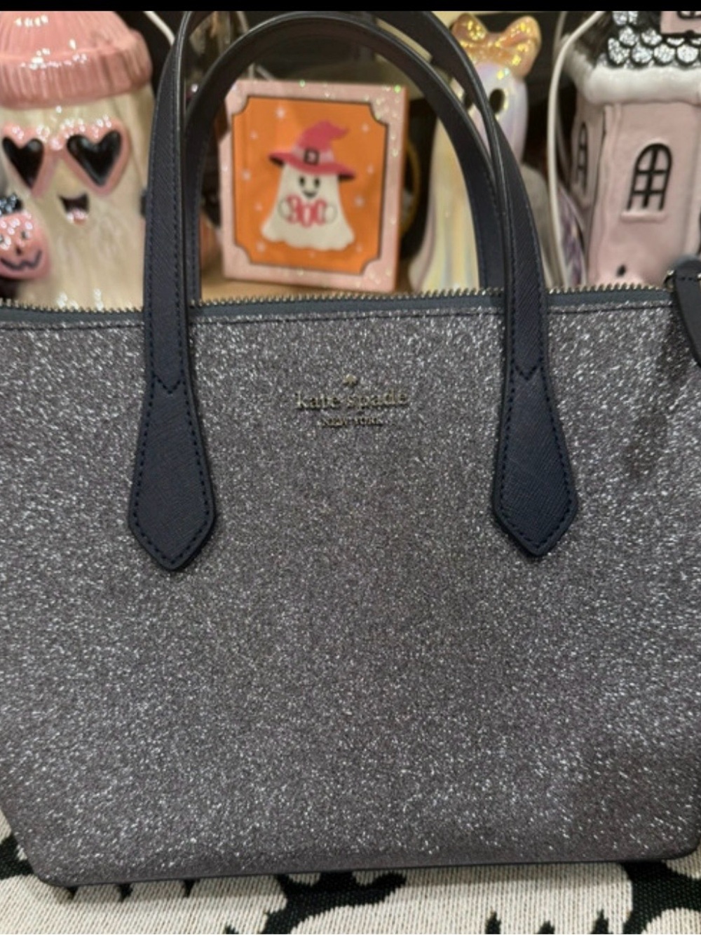 kate spade Silver Glitter Tote with Navy Trim
